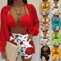 women shorts set 2022 summer new sexy solid color printing 3 piece suit casual sleeveless crop top pocket shorts set with coat