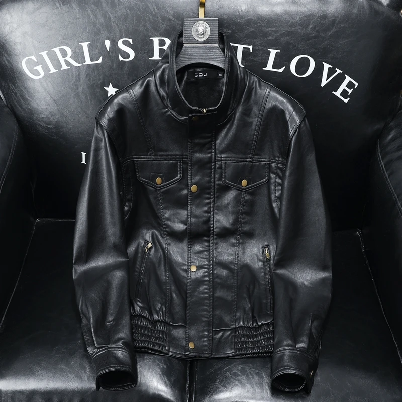 Осенне-зимнее новое мотоциклетное кожаное пальто с лацканами мужское облегающее