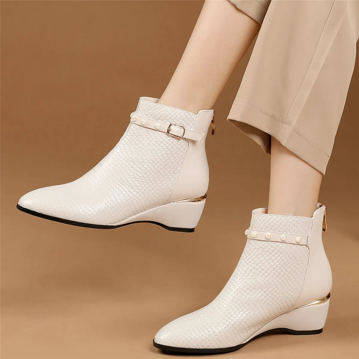 Winter Pumps Shoes Women Genuine Leather Wedges High Heel Ankle Boots Female High Top Square Toe Fashion Sneakers Casual Shoes