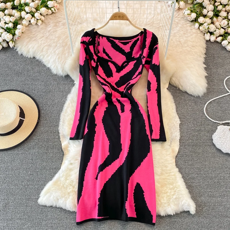 

Fashion Sheath Sexy Knit Dress Spring Autumn Print Women's Dress