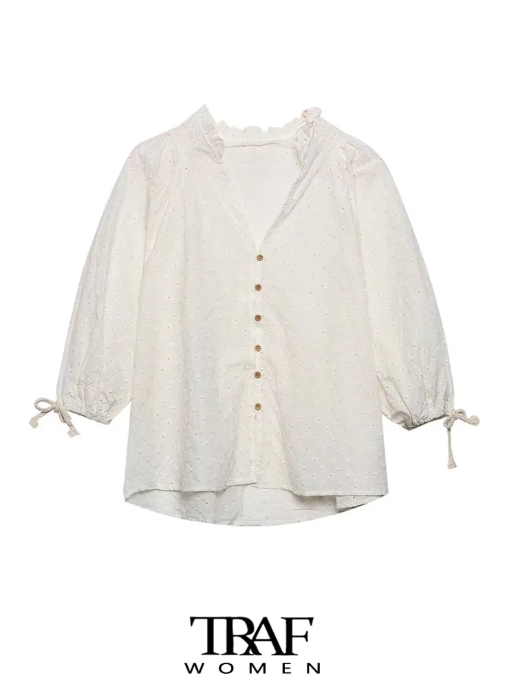 

TRAF Women Fashion With Tied Cutwork Embroidery Blouses Vintage Three Quarter Sleeves Front Buttons Female Shirts Chic Tops