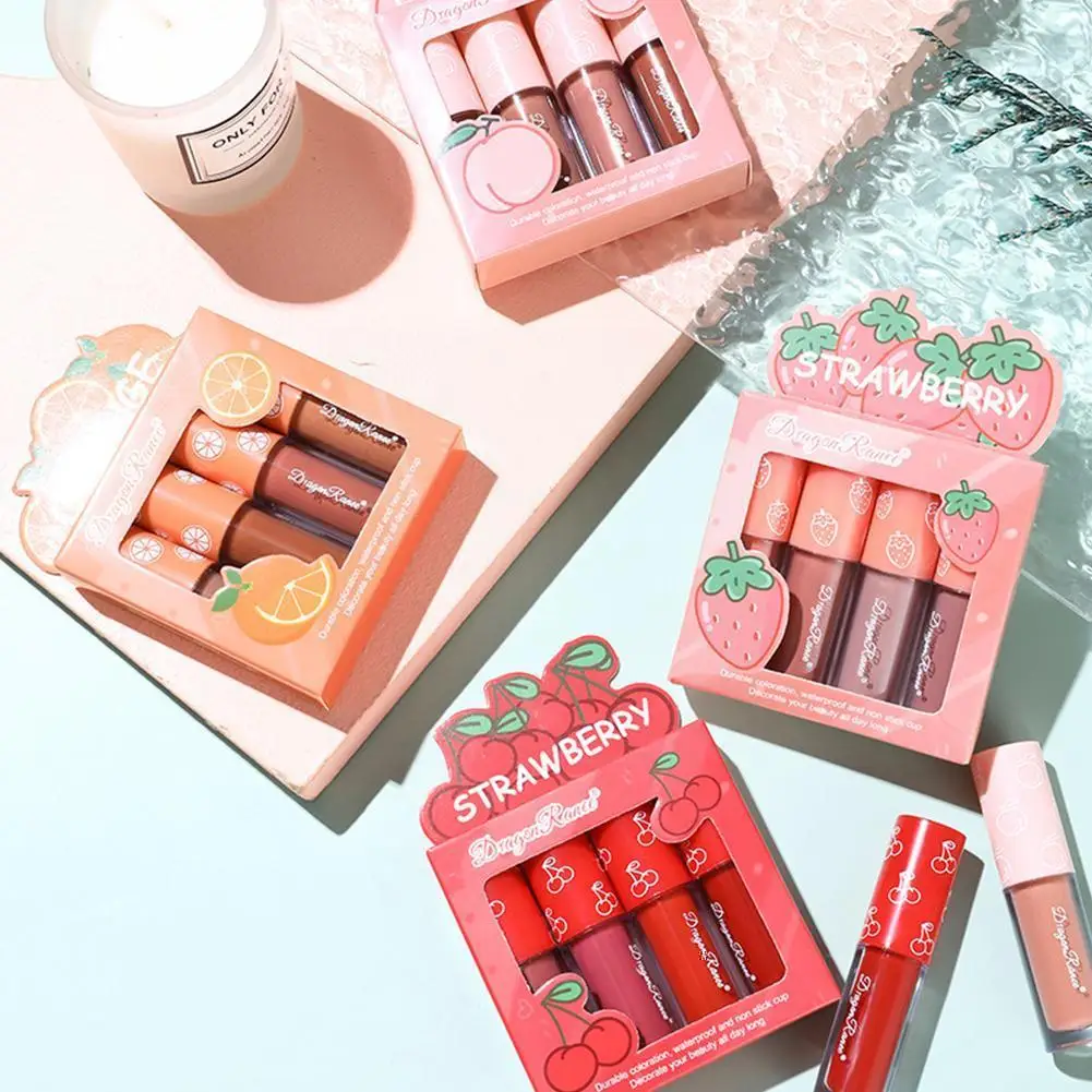 

Four Mini Sets Of Women's Makeup Velvet Matte Lip Glaze Not Non-stick Fruit Makeup Catkin Does Lip Cup Gloss Makeup Fade Se N2X2