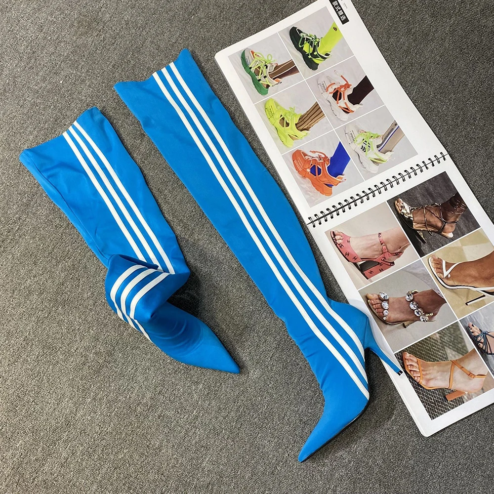 Skintight Stretch Wide Leg Fit Women's Super Long Boots Thigh High  Custom Booties 3 White Stripes Stiletto Heels Shoes