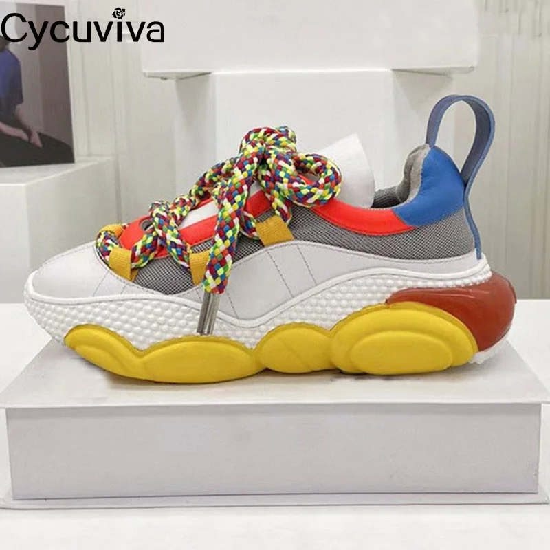 

High Quality Casual Shoes Women Platform Lace Up Sneakers Real Leather Vulcanized Shoes Thick Sole Flat Women Runner Brand Shoes