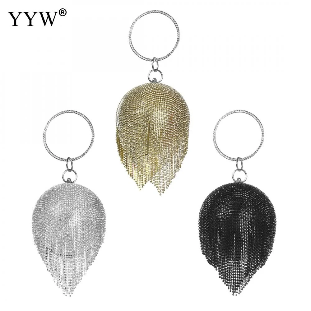 

Round Ball Evening Bags For Women Sliver Diamonds Rhinone Fashion Tassels Clutch Bag Mini Ladies Ring Handbag Clutches