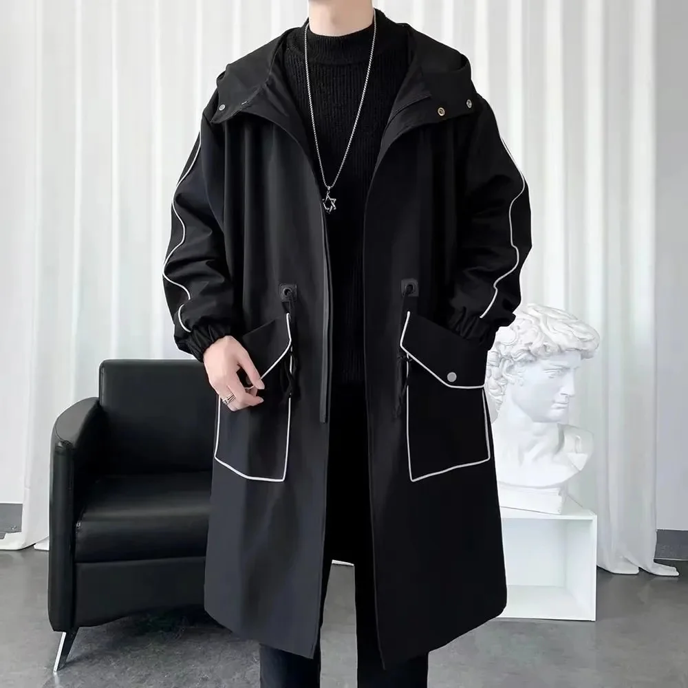 

Korean style men's trench coat Fashionable street casual long jackets large pocket overcoat High quality brand clothing