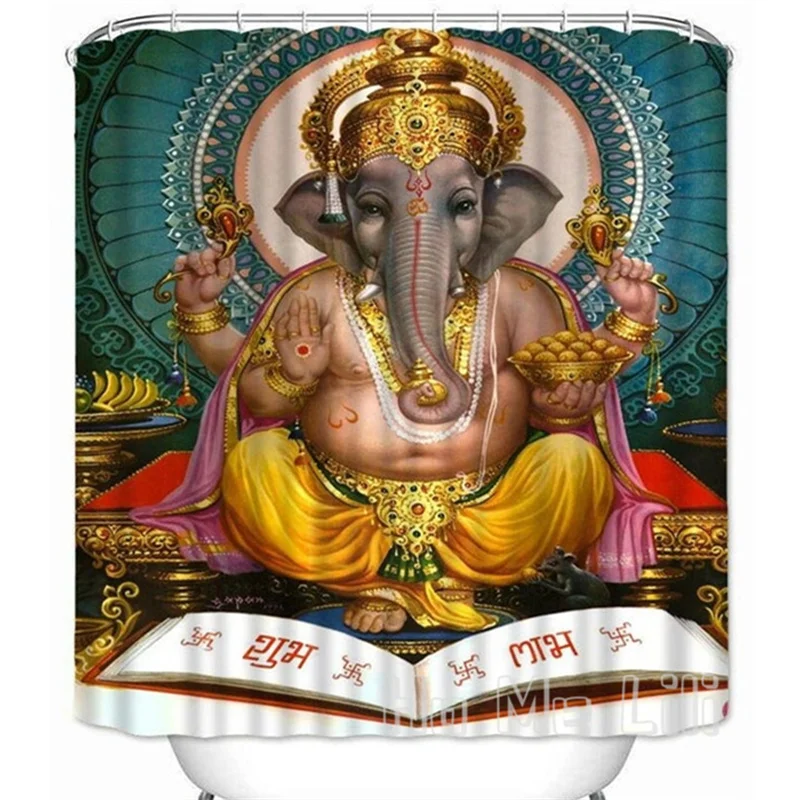 

Indian Lord Shower Curtain Elephant God Ganesha Hindu Beginnings Waterproof Fabric Bathroom Decor Hooks Included