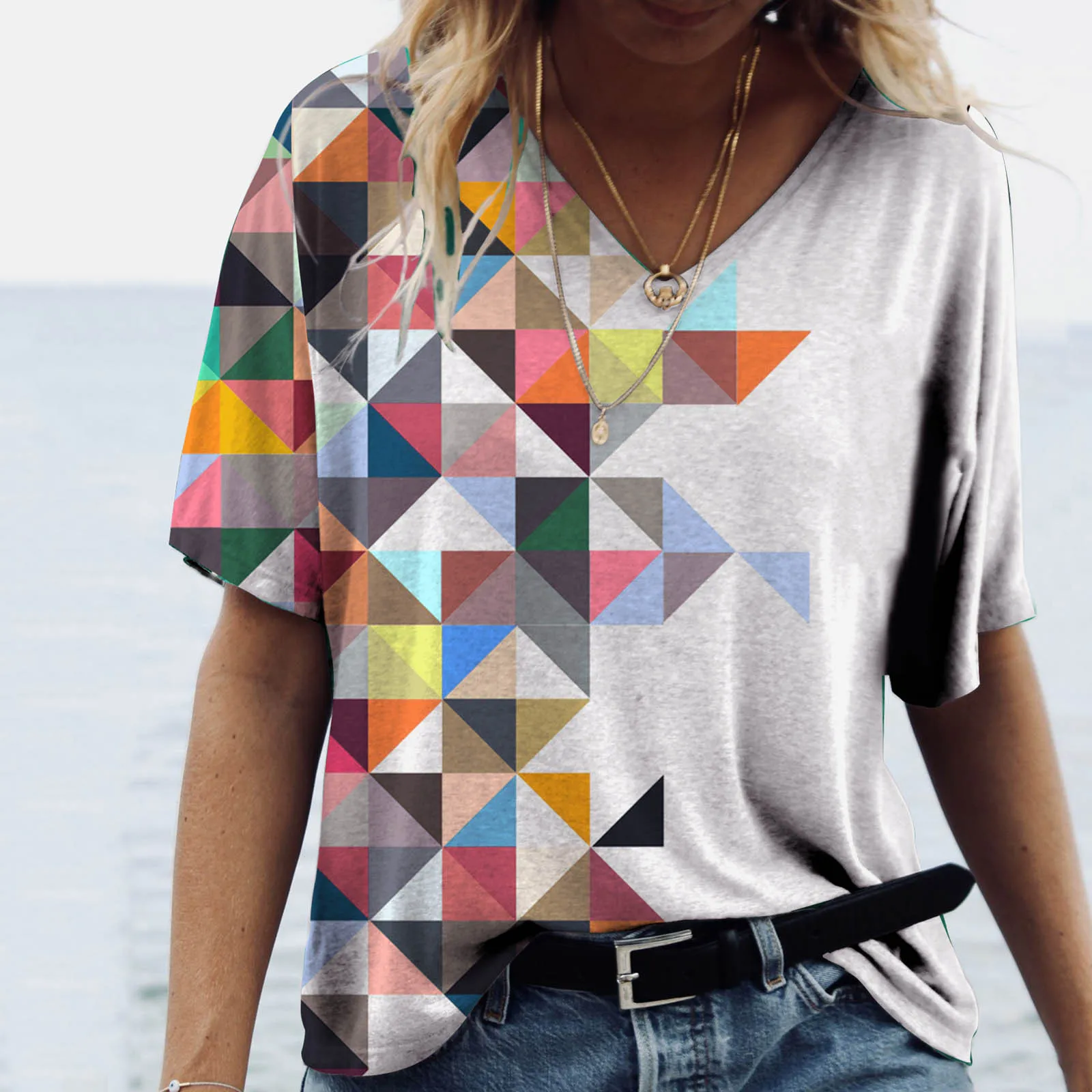 

Женский повседневный летний топ, футболка с V-образным вырезом и принтом, туника с коротким рукавом, свободная рубашка, элегантный топ, женск...