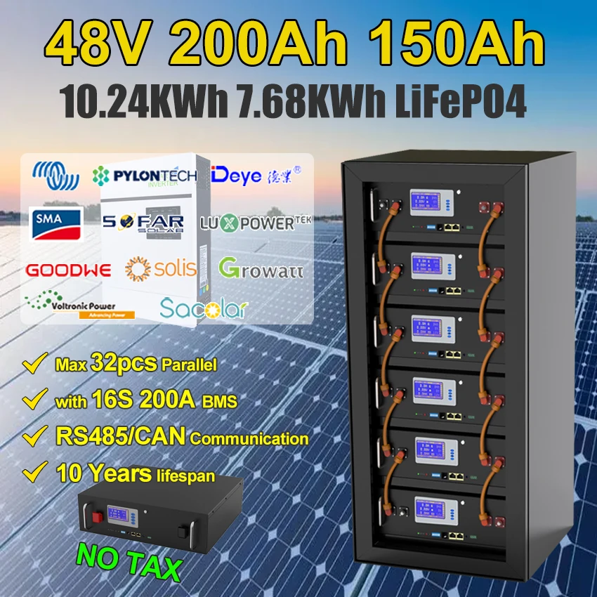 بطارية 48 فولت 200Ah 100 أمبير في الساعة LiFePO4 بقدرة 51.2 فولت 10KWh 16S 200A BMS 101% مع RS485 يمكن الاتصال بالطاقة الاحتياطية