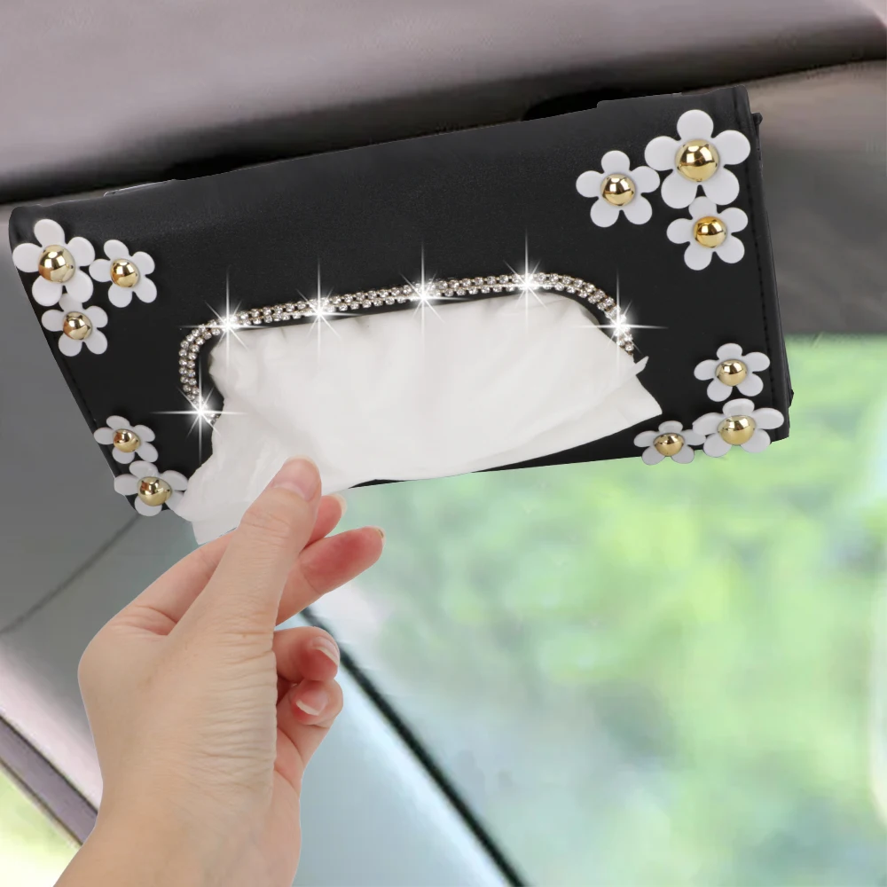 

With Chrysanthemum Car Sun Visor Tissue Box Holder Tissue Napkins Bag Organize Auto Storage Crystal Paper Box