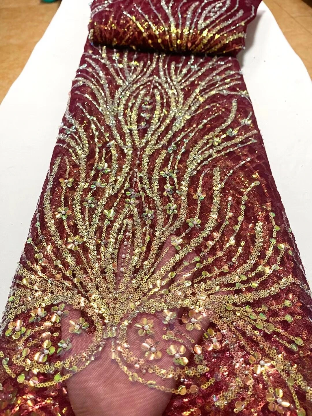 

Latest 2023 High Quality African Nigerian Tulle Lace Fabric With Sequins Embroidery Sewing Guipure Prom Dresses Beads 5Yards