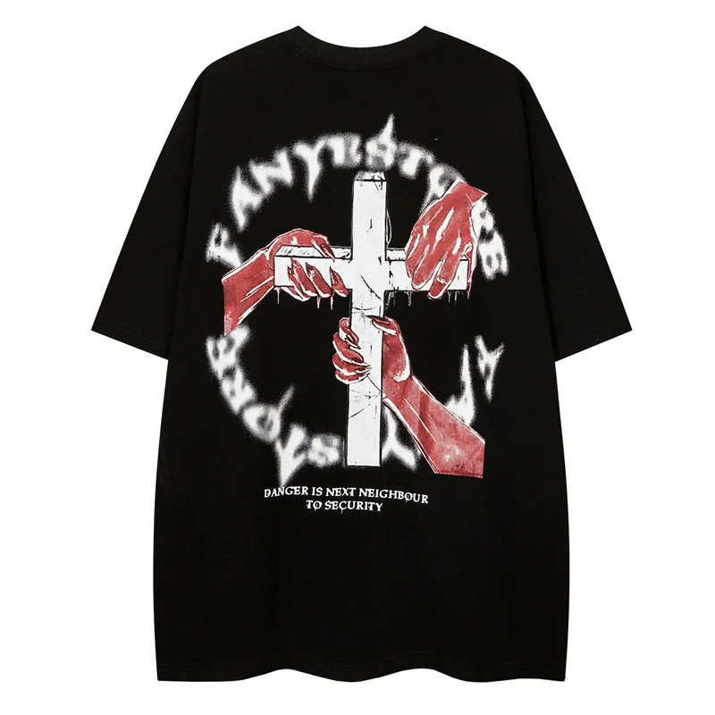 

2022 Oversized T Shirt Hip Hop Gothic T Shirt Letter Cross Hand Print Vintage T Shirts Summer Harajuku Cotton Short Sleeve Tops