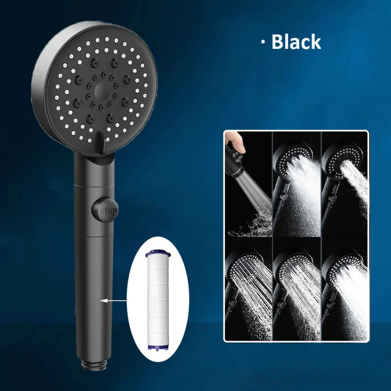 

Zloog 5 Modes Adjustable Black Bathroom Shower Head High Pressure Water Saving Showerhead with Stop Button Cotton Filter Shower