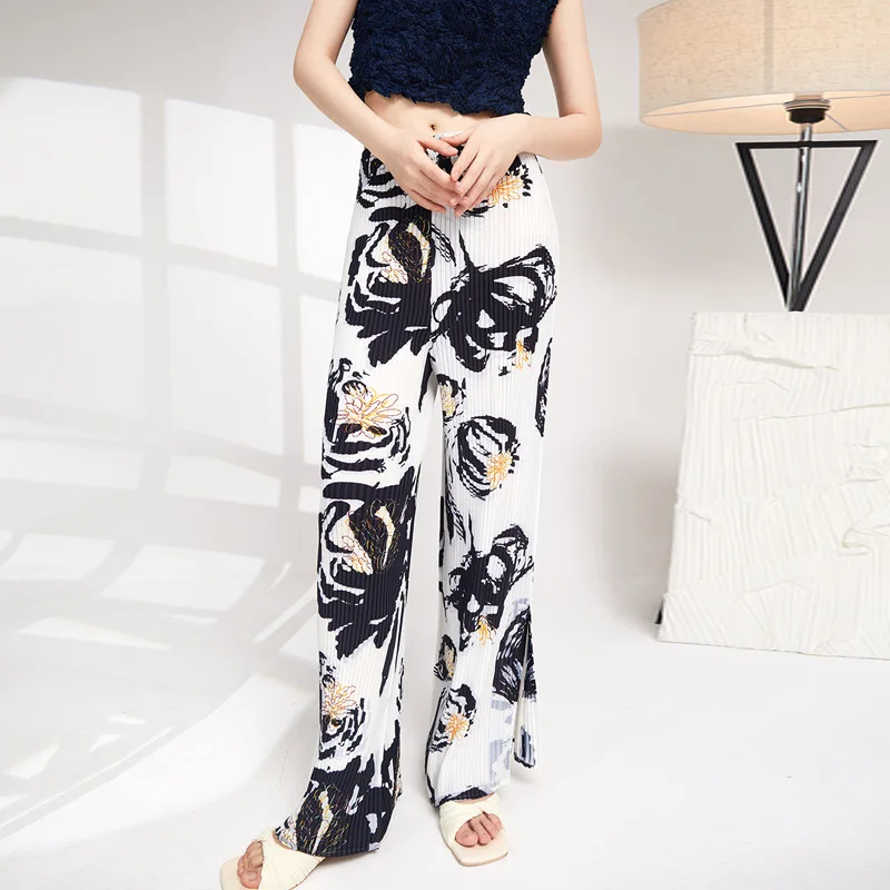 Wide Leg Pants Women Summer 2022 New Vintage Design Printed High Waist Loose Big Stretch Miyake Pleated Trousers Full Length