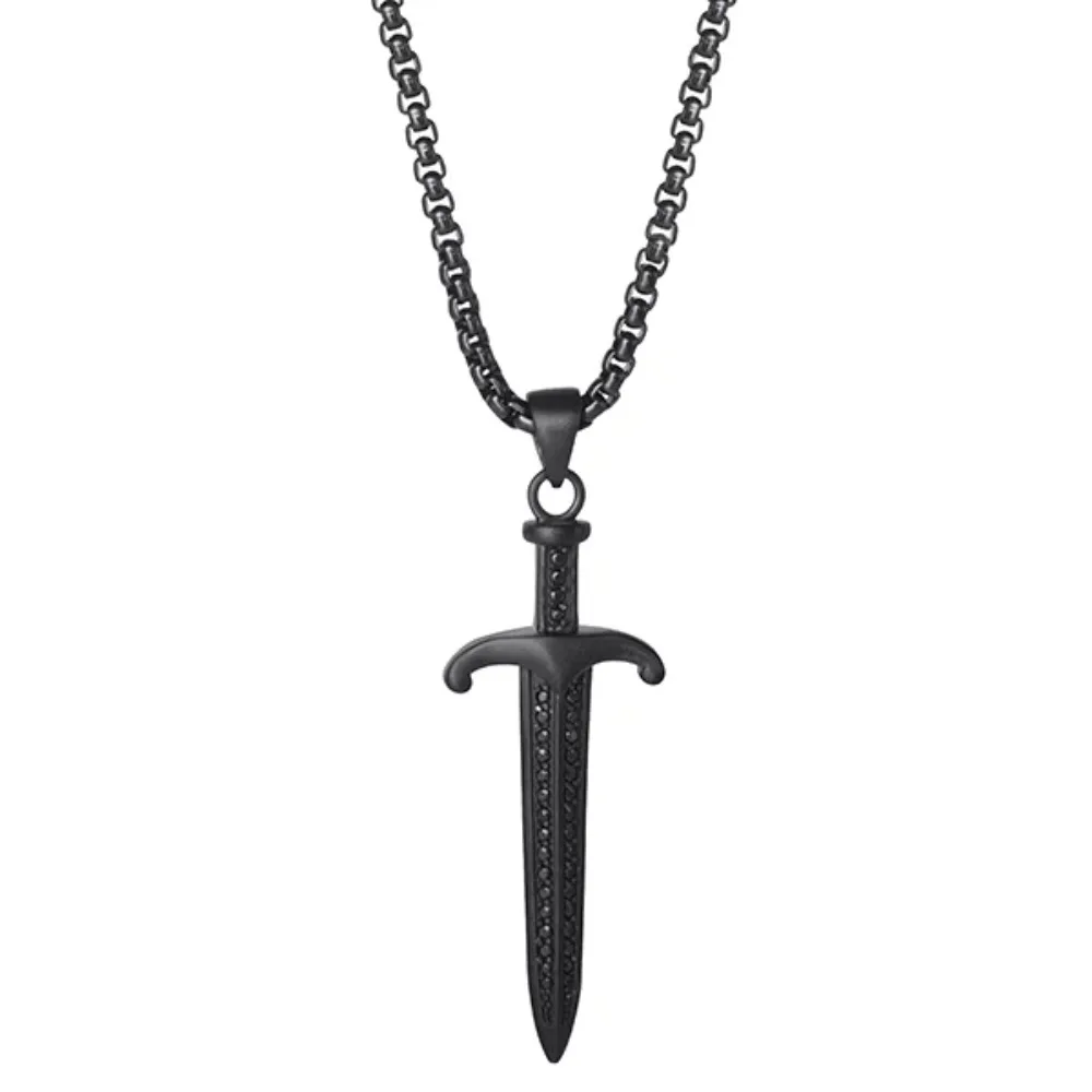 Stainless Steel IP Black Plated Simulated Diamond Dagger Pendant Necklace, 22 Chain Stainless Steel IP Black Plated Simulated Diamond Dagger Pendant Necklace, 22 Chain