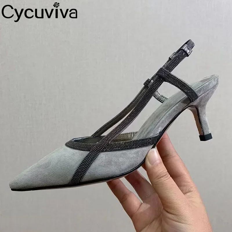 Летние замшевые кожаные сандалии на среднем каблуке с котятами женские острым