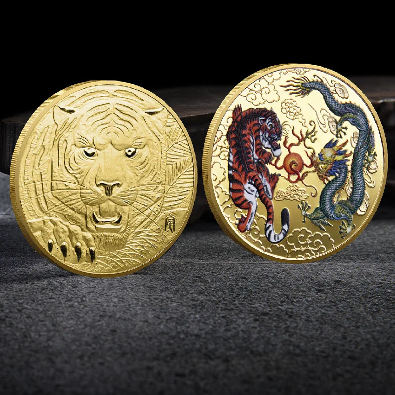

Chinese style 3D Relief crafts Dragon and tiger mythical mascot Challenge badge Zodiac Tiger 2022 New Year Commemorative Coin