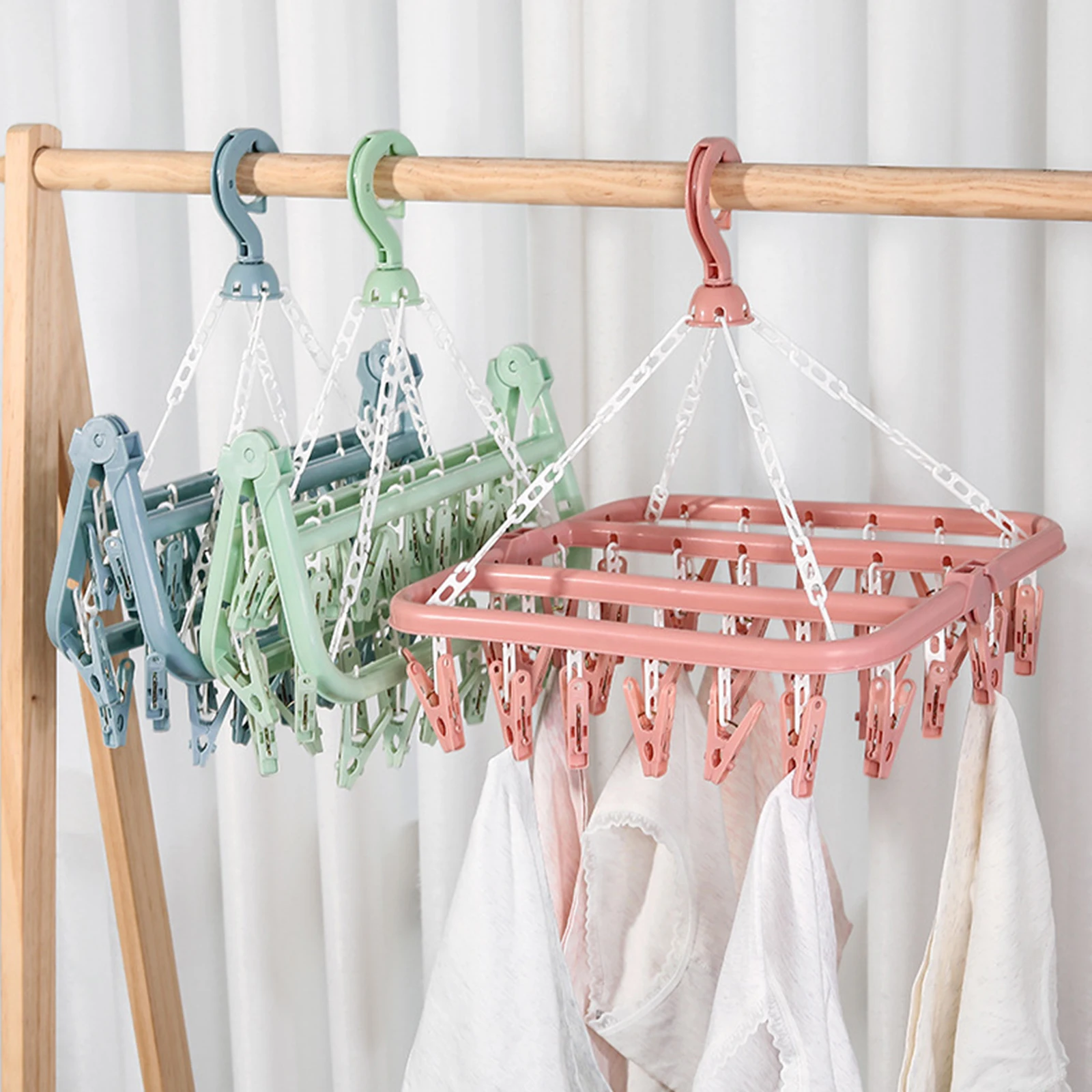 

32 Clips Folding Clothes Dryer Hanger Children Adults Clothes Dryer Windproof Socks Underwear Plastic Drying Rack Clothes Hanger