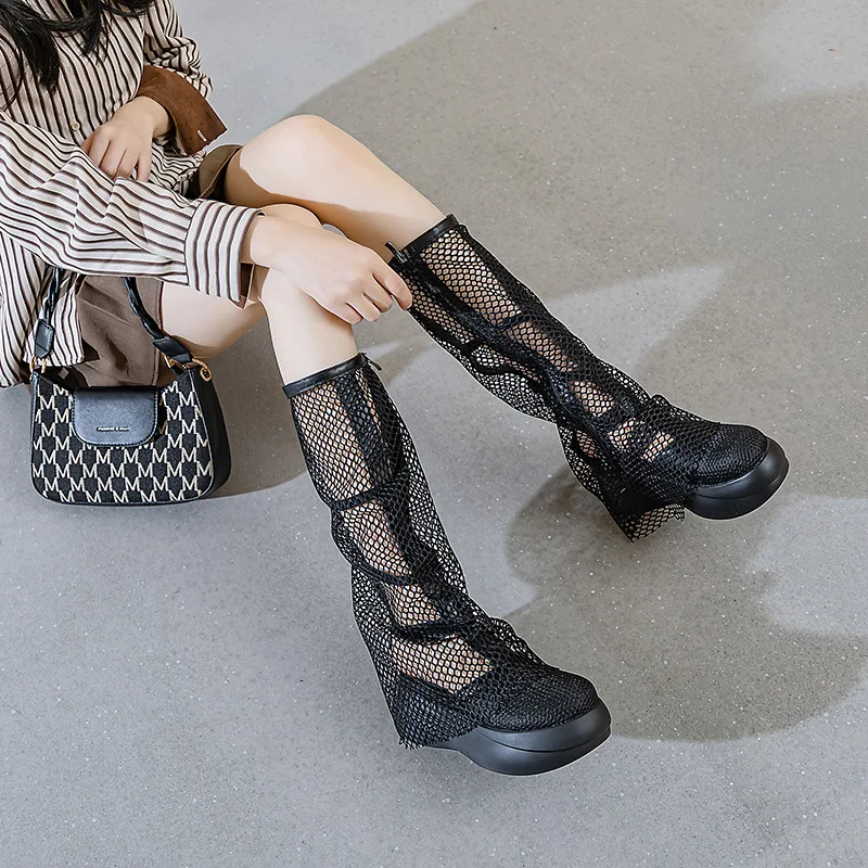 Summer New Women High Boots Platform Shoes Mesh Breathable Blast Street Slim Boots Hollow Sandals Fashion Design Shoes 2023