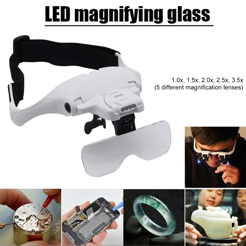 

Headworn Magnifying Glasses Hands Free LED Light Loupe Magnifier 1.0X 1.5X 2.0X 2.5X 3.5X Adjustable Band Watch Repair Supplies