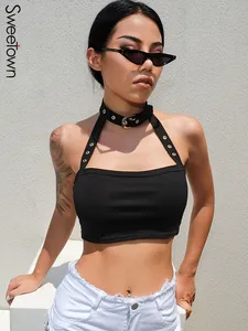 Женский укороченный топ с металлическими люверсами и открытой спиной