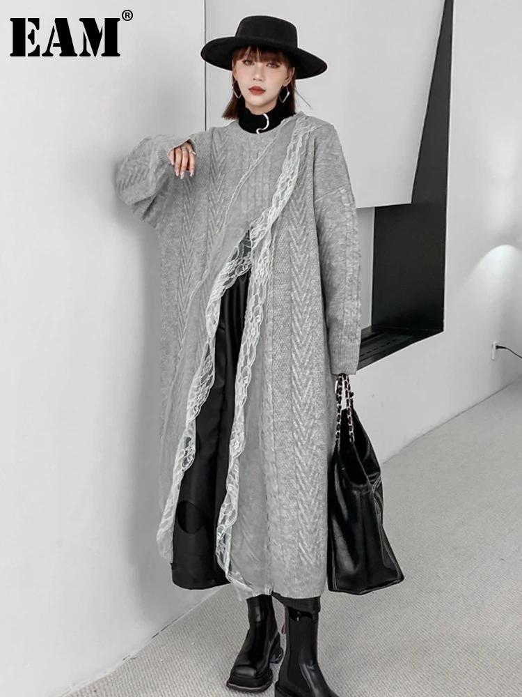 

[EAM] Women Gray Lace Slit Long Knitting Big Size Dress New Round Neck Long Sleeve Fashion Tide Autumn Winter 2023 1DF2951