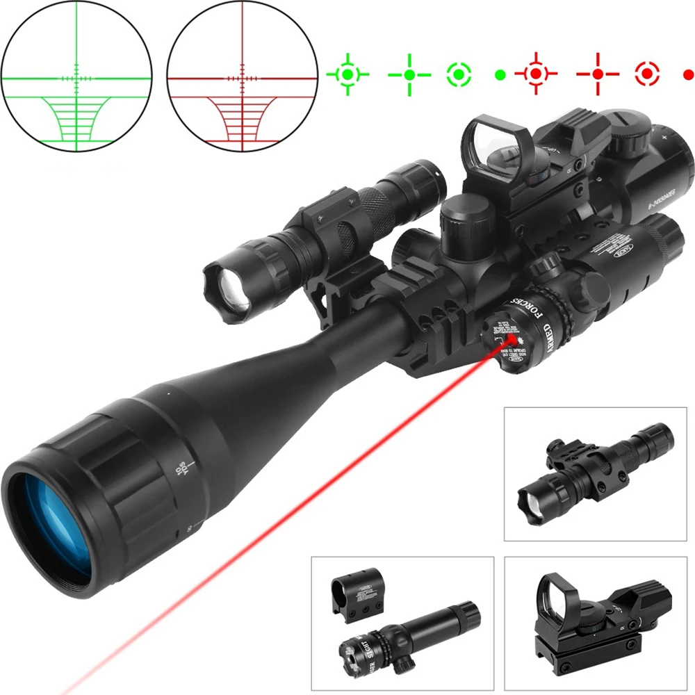 

6-24x50 AOEG Rangefinder Rifle Scope 4 in 1 Tactital Riflescope Combo Red Dot Reflex Sight Hunting Flashlight Laser Combo 20mm