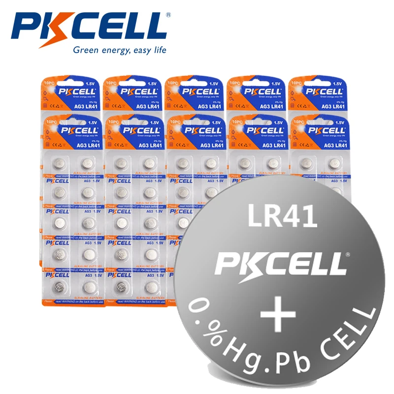 

100pcs PKCELL 1.5V AG3 LR41 Button Cell Batteries 392A SR41SW LR736 392 SR736 Alkaline Coin Battery for clock ,game, watch