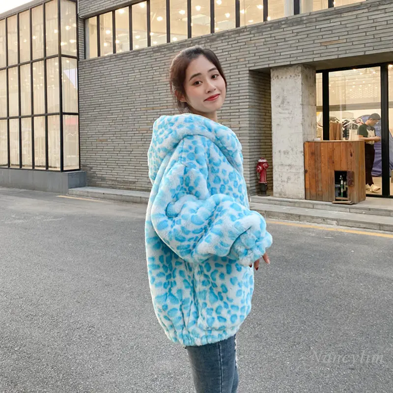 2022 Autumn and Winter New Blue Color Leopard Print Faux Fur Coat Hooded Mid-Length Cute Sweet Girl Loose Street Overcoats