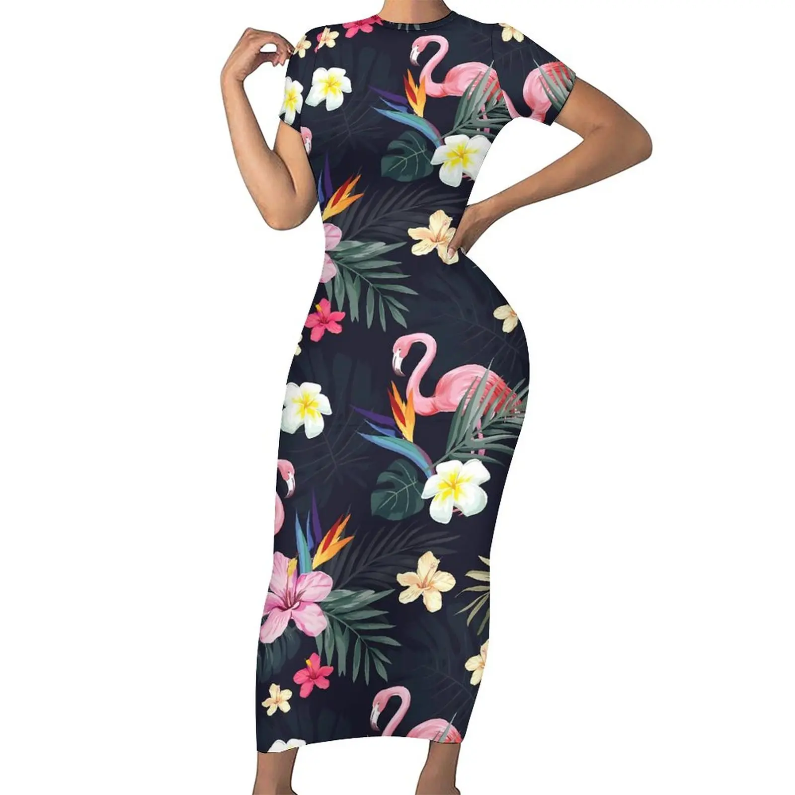 

Платье-макси в тропическом стиле с коротким рукавом и принтом фламинго