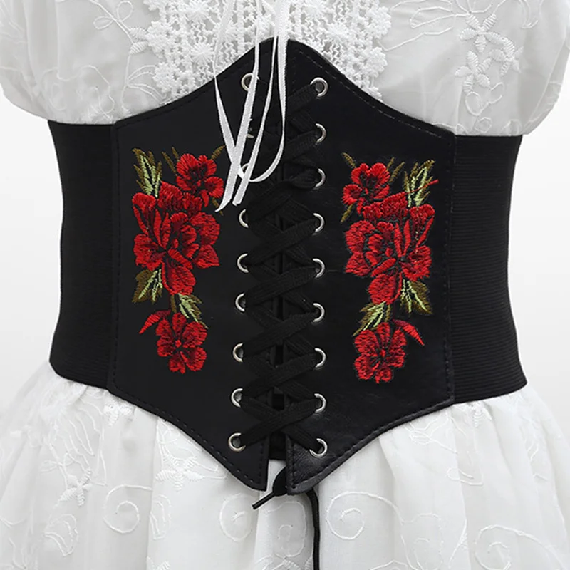 

Эластичный корсет со шнуровкой и вышивкой сафлора, Аксессуары для платья, кожаный корсет на шнуровке, Модный повседневный роскошный женский пояс