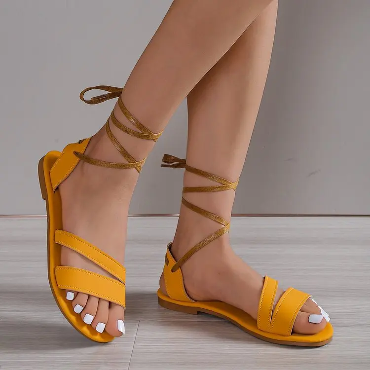 Women Strappy Sandals Vacation Summer Braided Detail Tie Leg Design Outdoor Fashion Office-Ladies Flats Ankle-Strap Casual Shoes