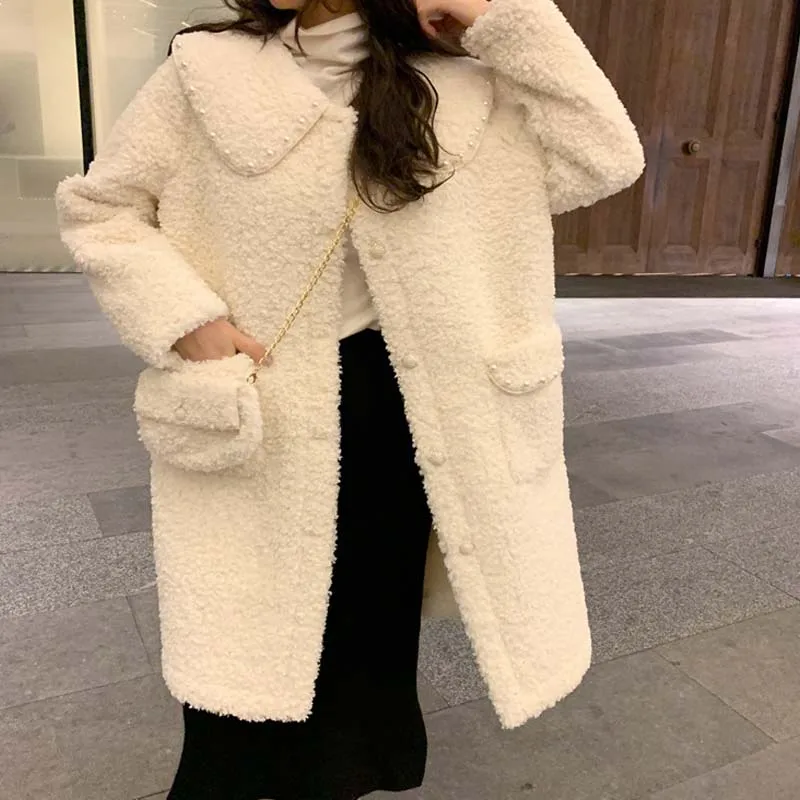 Kawaii Sweet Doll Collar Beaded Lamb Wool Sweater Padded Jacket Women Korean Loose Autumn Winter Single-Breasted h Mid Coat