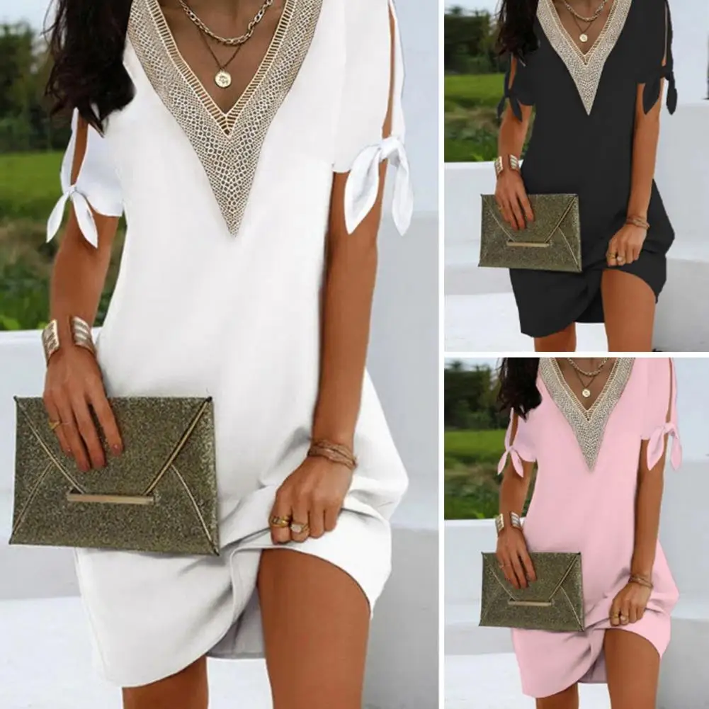 

Women Dress Solid Color V-Neck Summer Dress Bow-knot Design Hollow Sleeve Party Dress Loose-fitting Dress-up Lady Office Dress