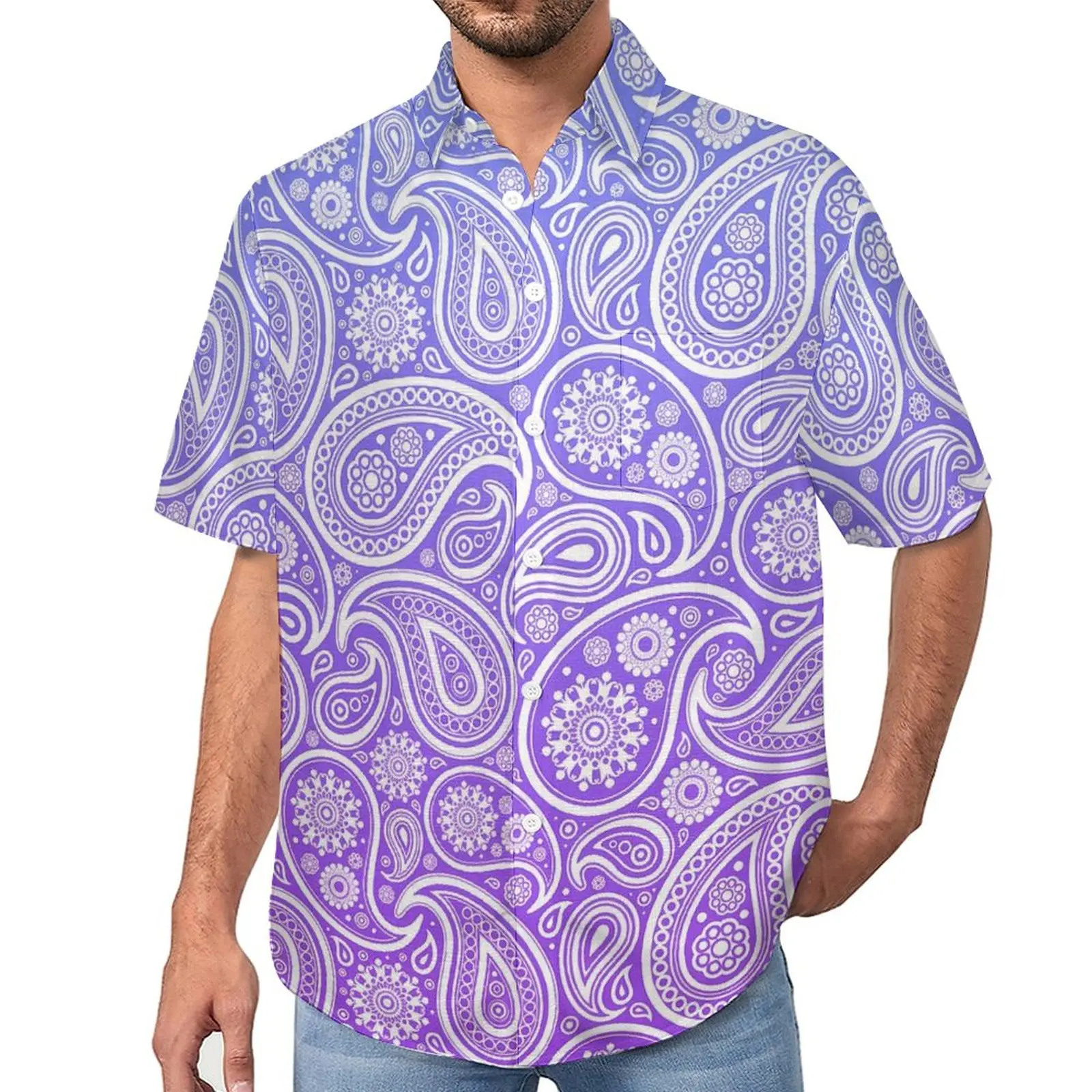 

Vintage Paisley Vacation Shirt Purple Ombre Hawaiian Casual Shirts Male Trending Blouses Short Sleeve Graphic Top Plus Size