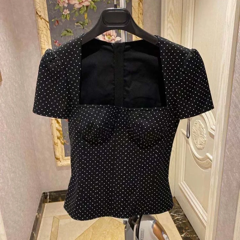 

Vintage Black Women Blouse Summer New Square Collar Short-Sleeved Slim Sexy All Match Female Pulls Outwear Tops