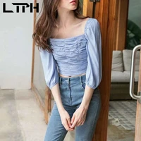 ltph french vintage blouses for women elegant short three quarter sleeve top elastic high waist pleated shirts 2022 summer new