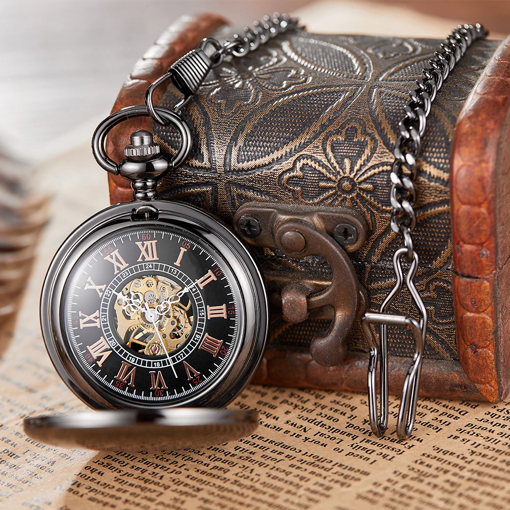 OPEN CASE Mechanical Men's Watch Vintage Roman Dial Clock Hand Wind Pocket Watch With FOB Chain Gift Retro Steampunk Pendant