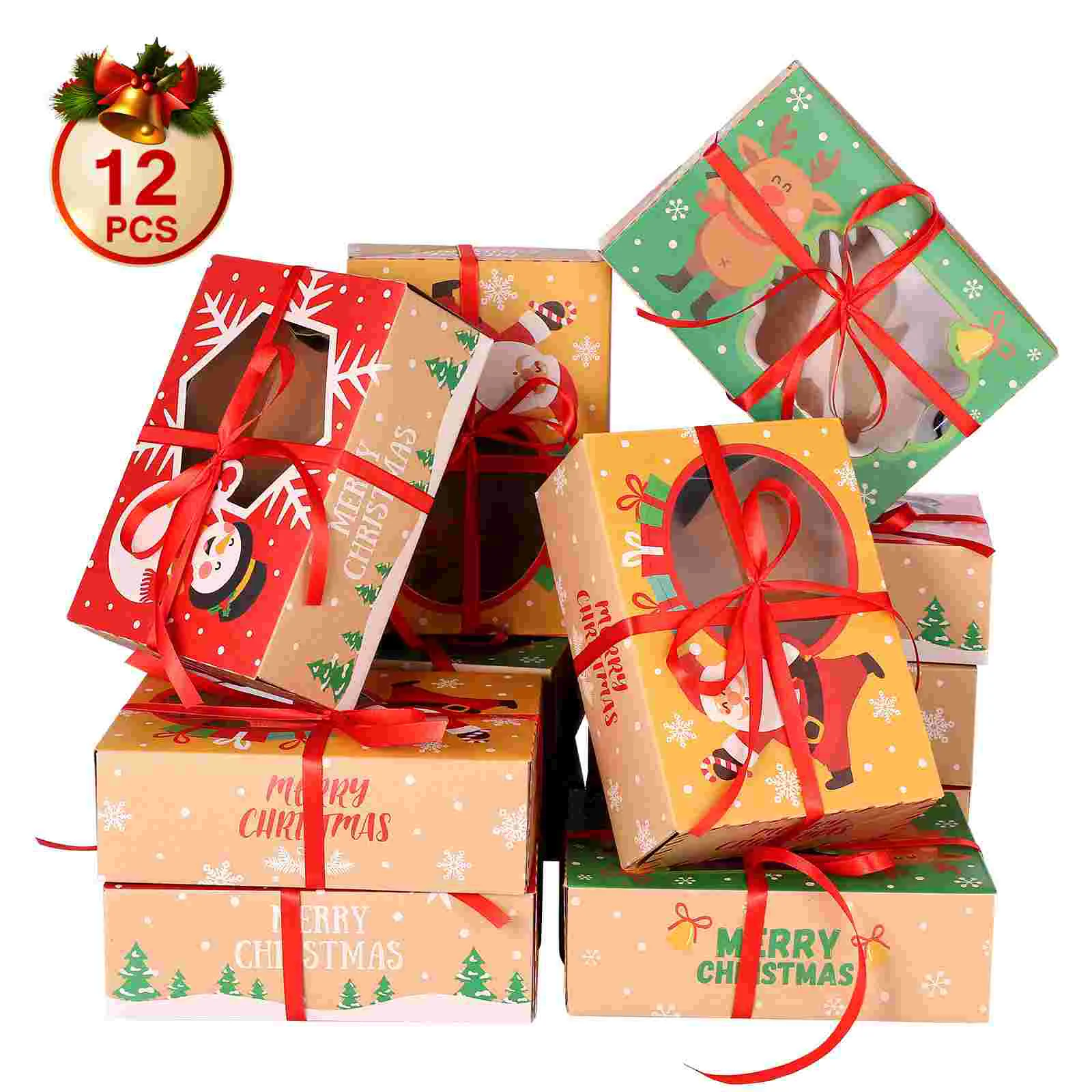 

12 шт. рождественские коробки для печенья PRETYZOOM, коробки из крафт-бумаги с 1 рулоном/22 м лентами, подарочные коробки для конфет для рождественс...