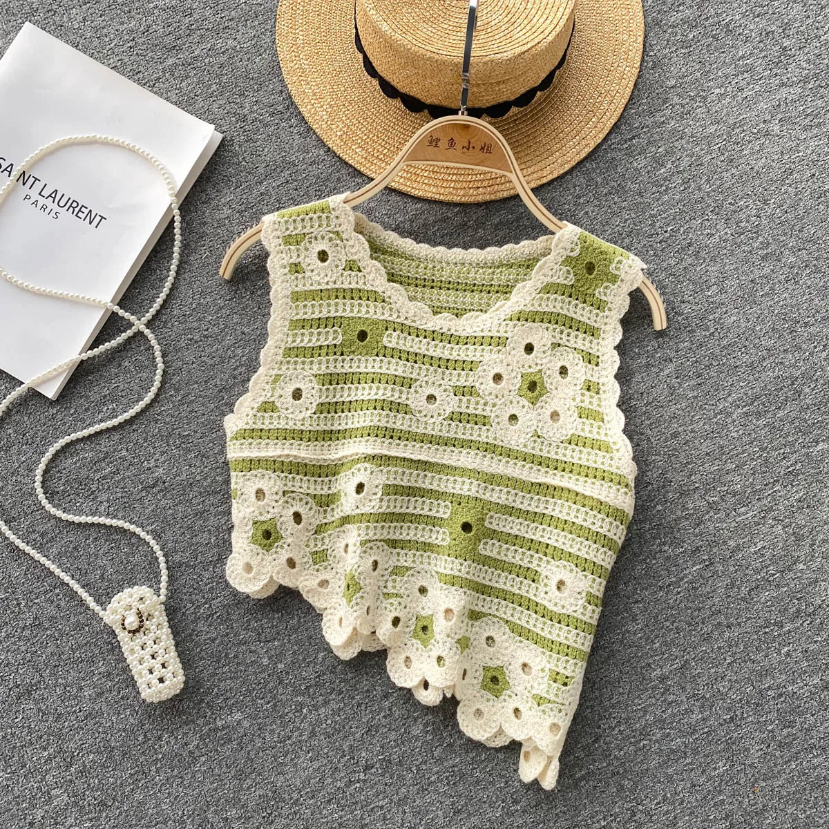 

Women Bohemia Crochet Camisole Summer Indie Folk Hook Flower Tank Tops Irregularity Striped Crop Top Round Neck Sleeveless Vest
