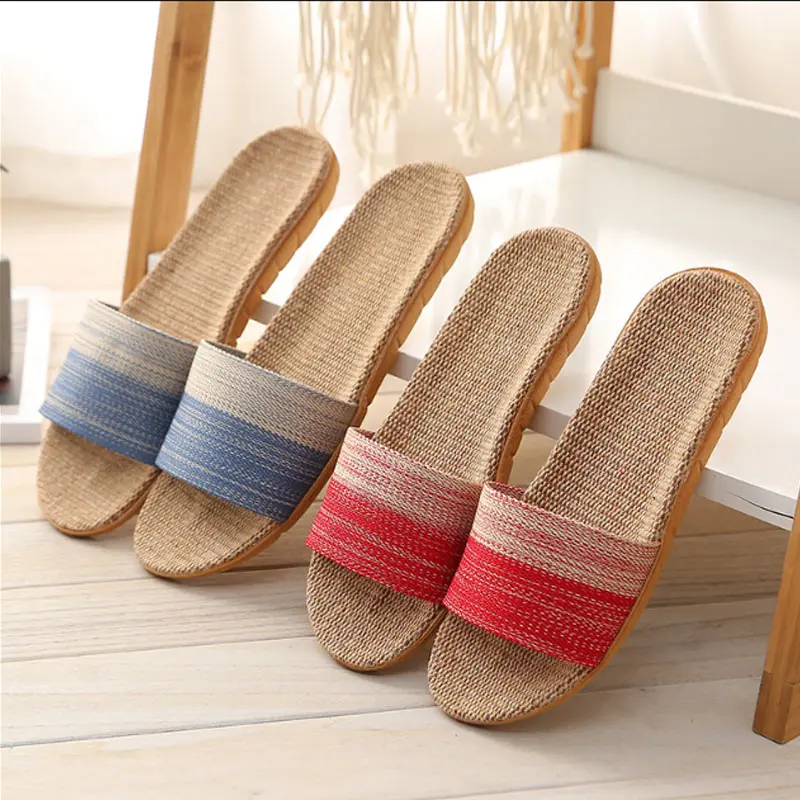 

New Four Seasons Linen Slippers Women's Indoor Silent Sweat-absorbent Home Thick-soled Soft-soled Couple Wooden Floor Slippers
