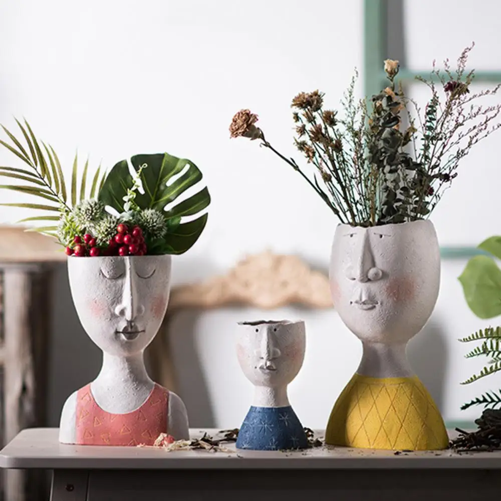 

Pot Portrait Flower Resin Handmade Vase Art Sculpture Human Face Family Garden Storage Arrangement Home Decor
