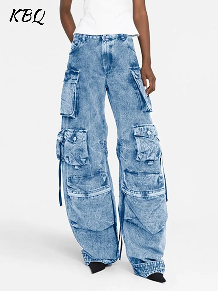 

KBQ Cargo Denim Trousers For Women High Waist Spliced Pockets Streetwear Loose Wide Leg Pants Female Fashion Clothing Style New