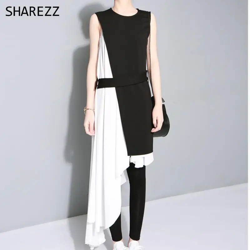 

2022 Women's Fashion Irregular Splicing Two-piece Gothic Summer Chiffon Dresses Black And White Oversize Dress Plus Size Woman