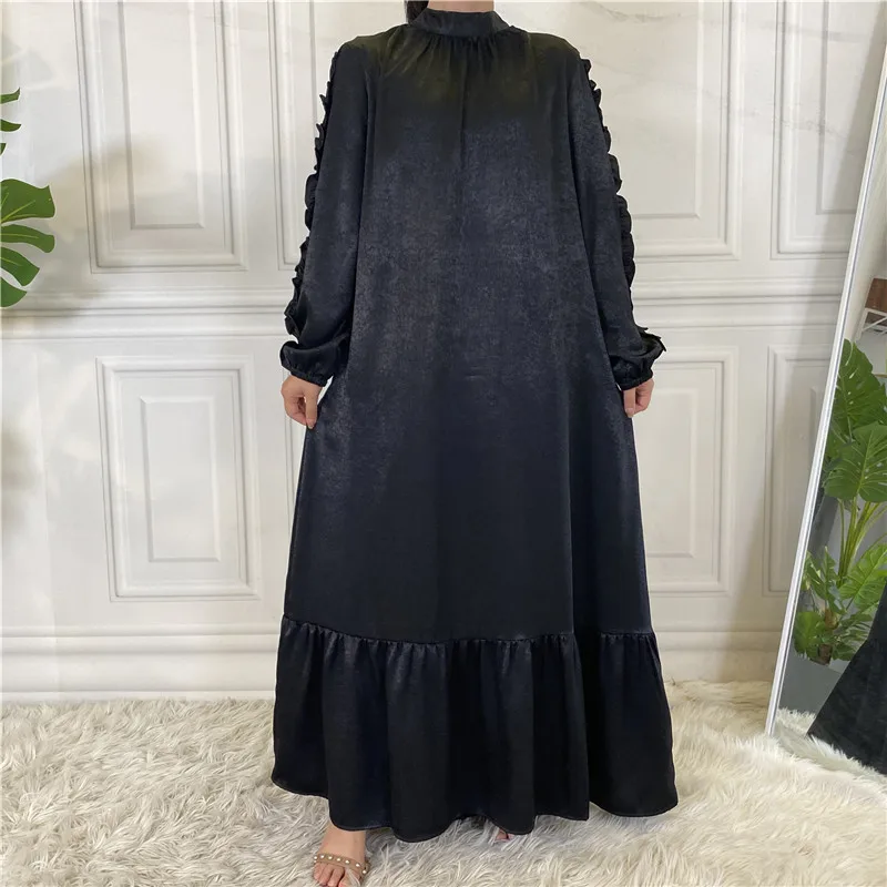 New Fashion Simple Elegant Muslim Dress Women Big Hem Pleated Long Sleeve Long Dresses For Muslim Women Abaya Turkey