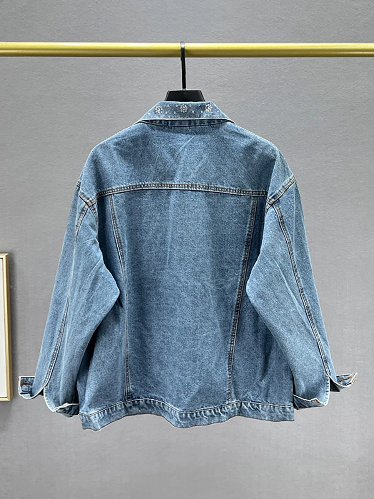 Женская джинсовая куртка DEAT однобортная в стиле пэчворк с цепочками и стразами