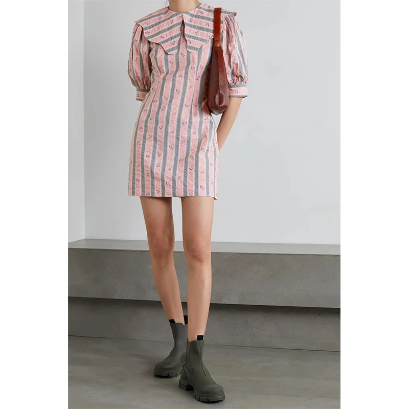 

Women Short Sleeve Gray Stripes Printed Peter Pan Collar Pink Cotton Mini Dress