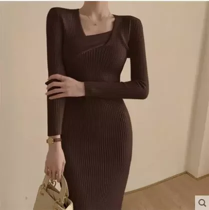 

Женское трикотажное платье-свитер, элегантное облегающее трикотажное платье до середины икры с квадратным вырезом и длинным рукавом, весна...