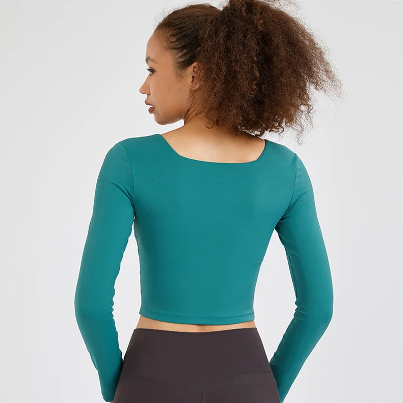 Solid Color Women Long Sleeve Yoga Shirt Sport Top Fitness Comprehensive Training Breathable U-neck Half Long Sleeves Chest Pad
