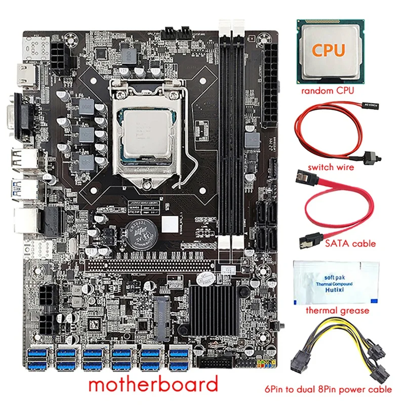 B75 12 GPU BTC Mining Motherboard+CPU+Thermal Grease+Power Cable+SATA/Switch Cable 12X USB3.0 LGA1155 DDR3 RAM SATA3.0